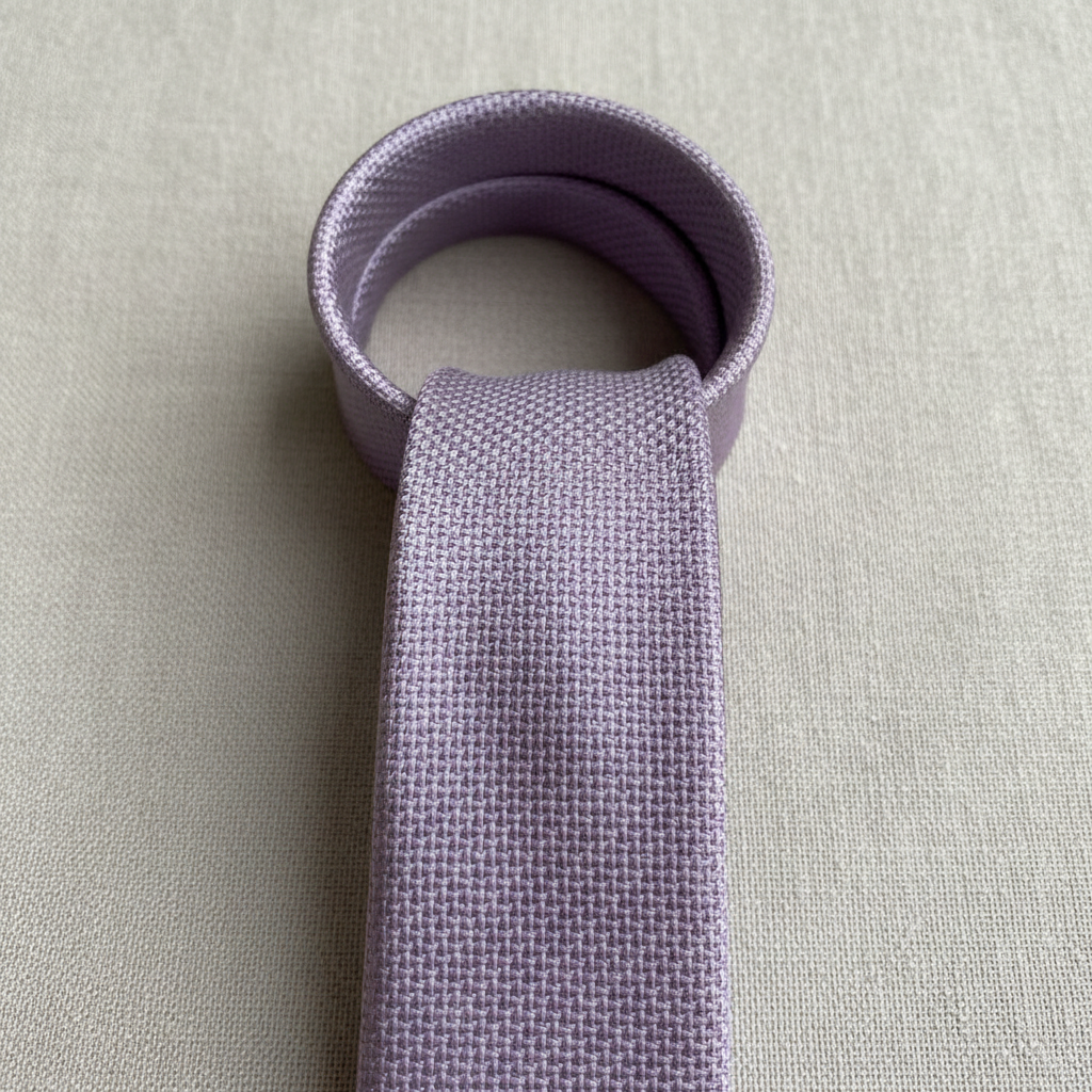 Lavender mist Italian silk skinny tie showing fine weave and delicate drape