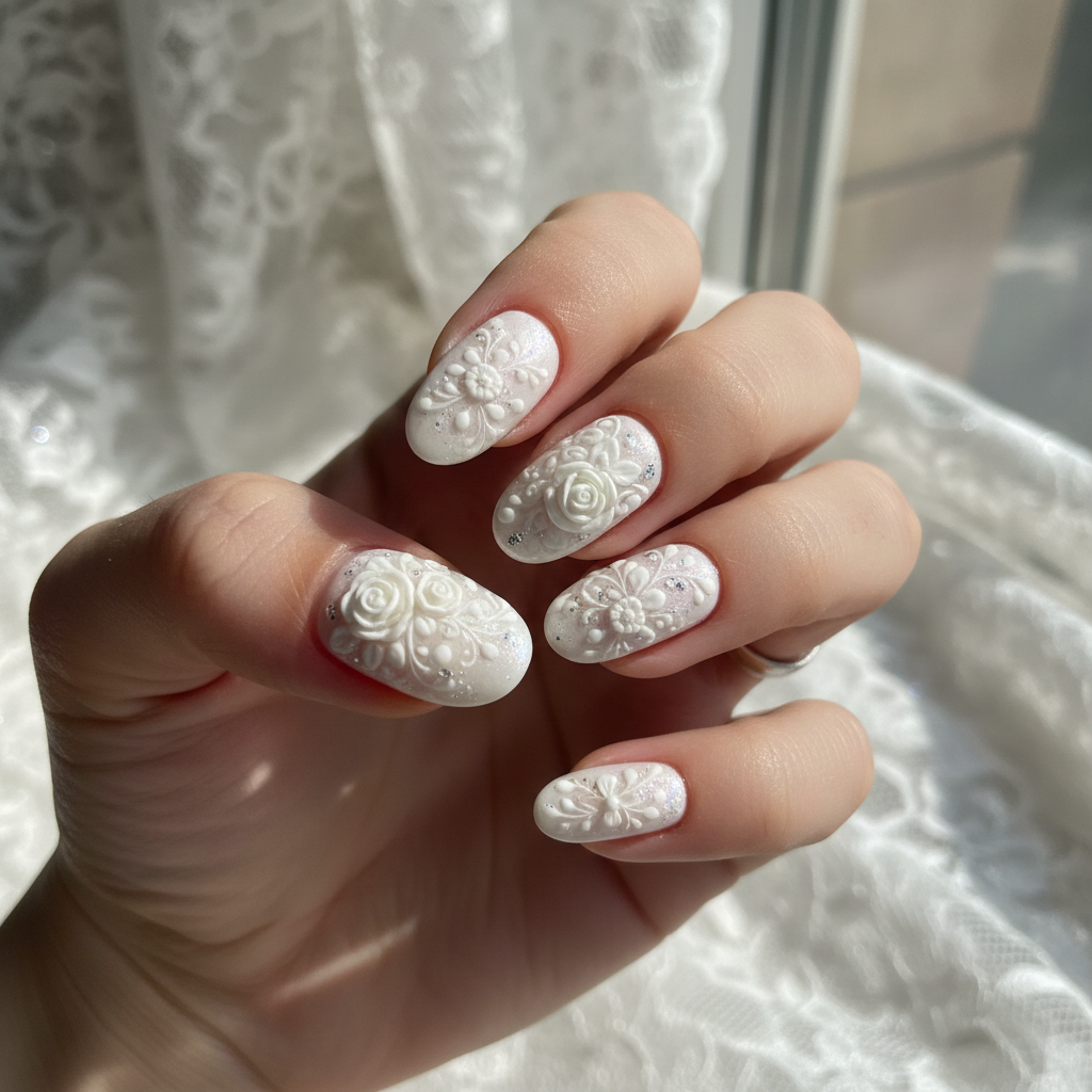 Elegant bridal manicure with white floral nail art detail