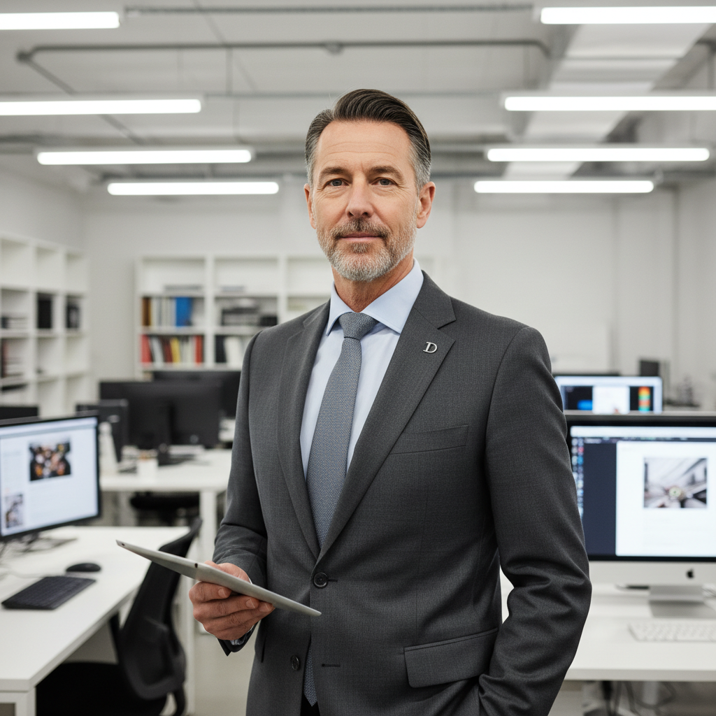 Professional man in suit with confident expression, modern tech office background