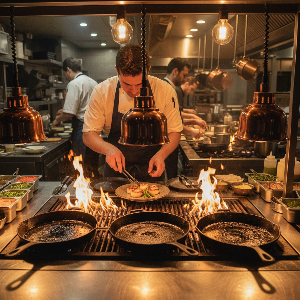 Warm restaurant kitchen with chef plating dishes over open flame, cast-iron pans on the stove