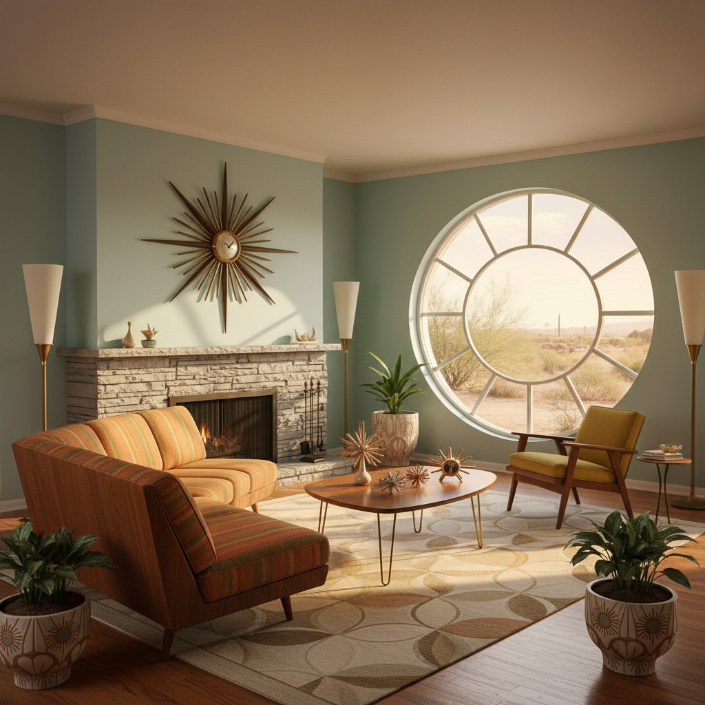 Mid-century modern living room interior from the 1950s with atomic age furniture and sunburst decor