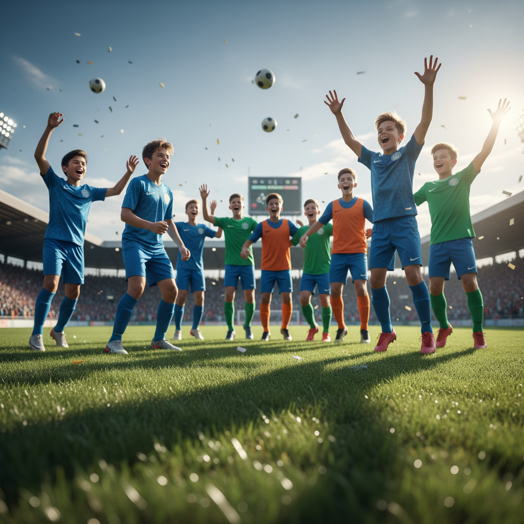 Group of young football players celebrating a goal together on the pitch