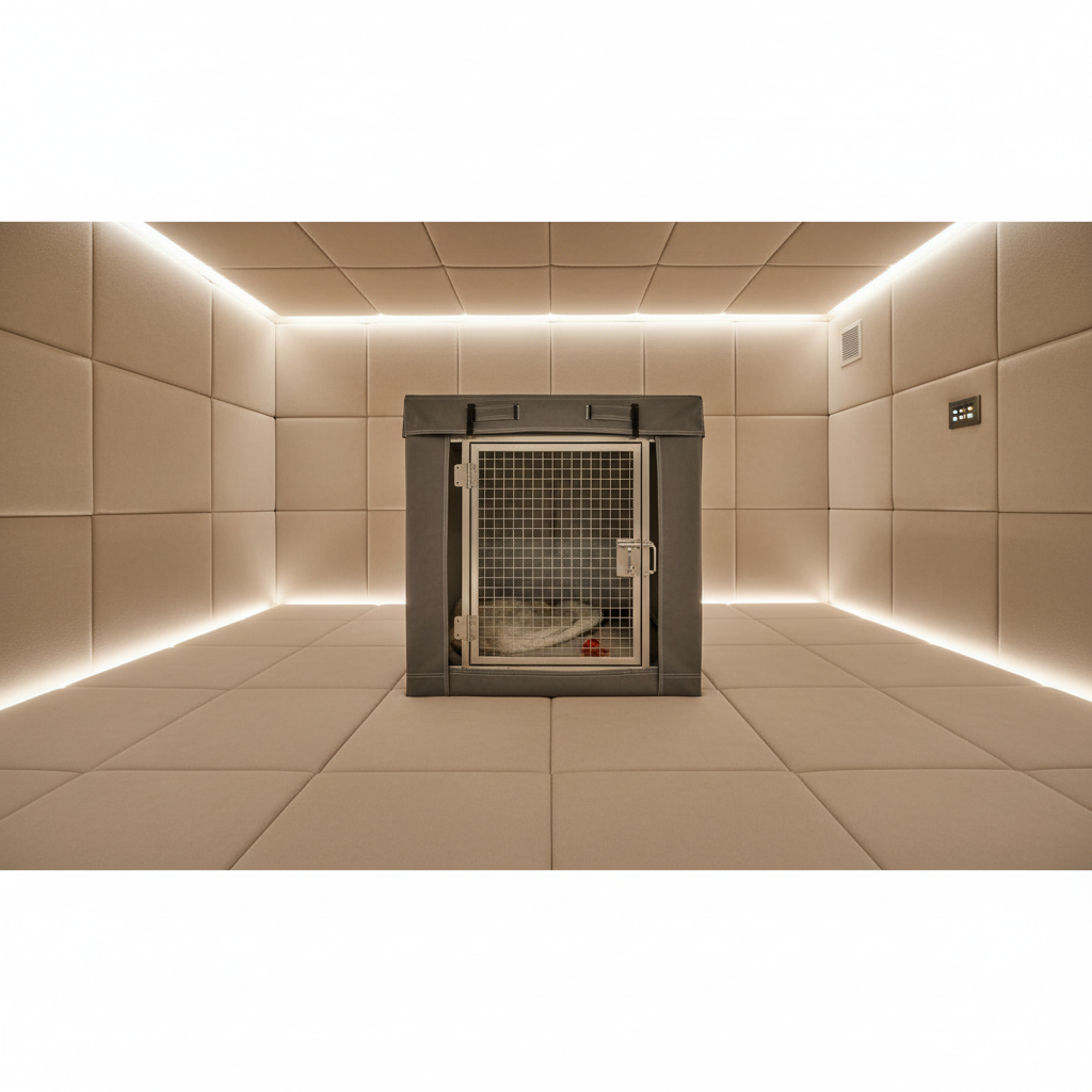 Isolated calm suite with padded walls, ambient lighting dimmer controls, and a single dog kennel with mesh door