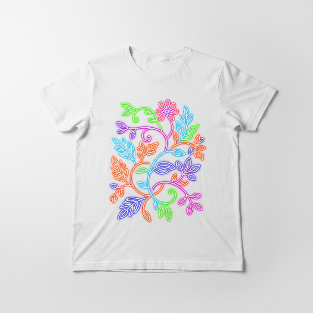A flat-laid graphic tee with botanical neon print design on a white surface