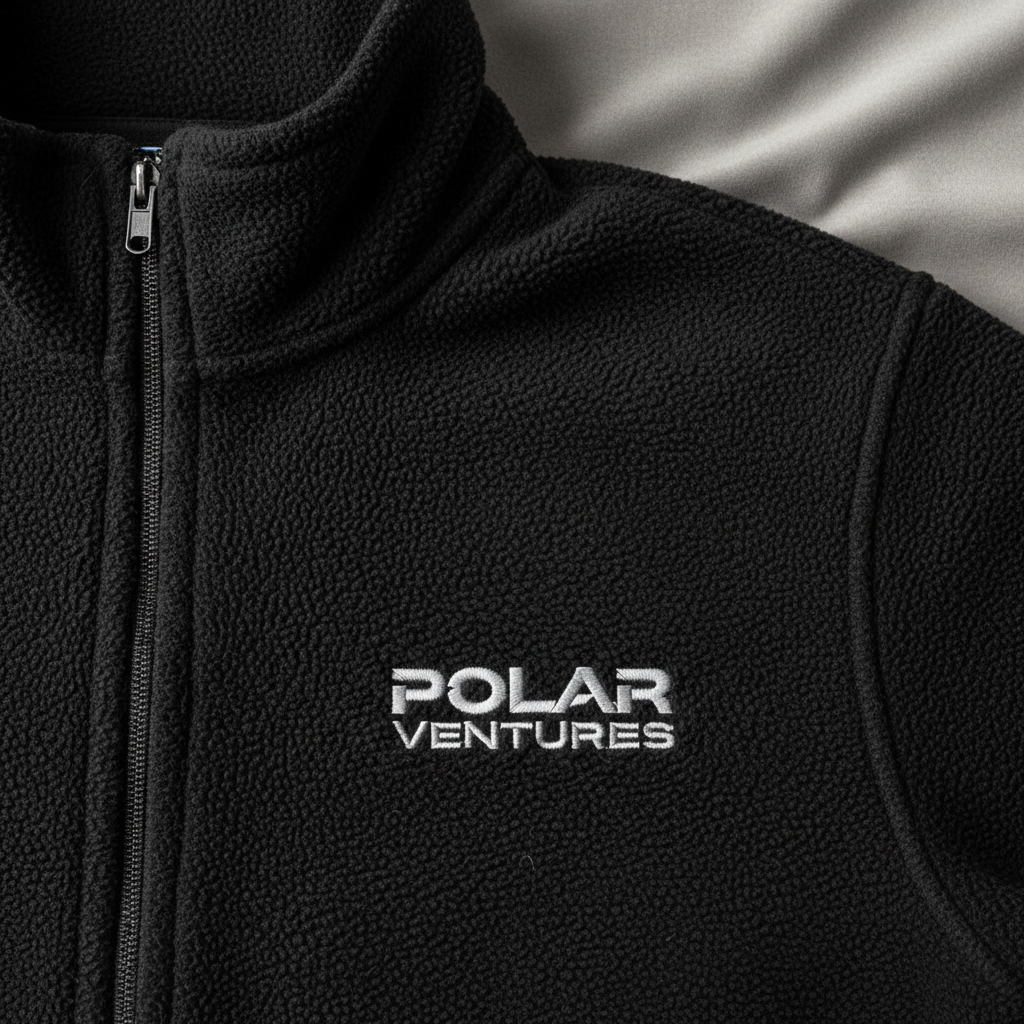 Corporate branded fleece jacket in grey on clean hanger