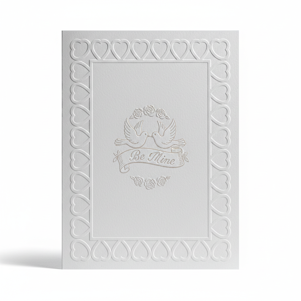 Valentine print card sample with embossed heart border