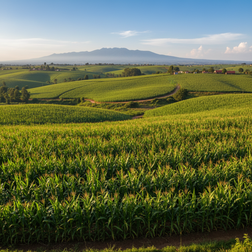 Green maize field in Kenya, rich dark soil, bright sunlight, lush crop rows