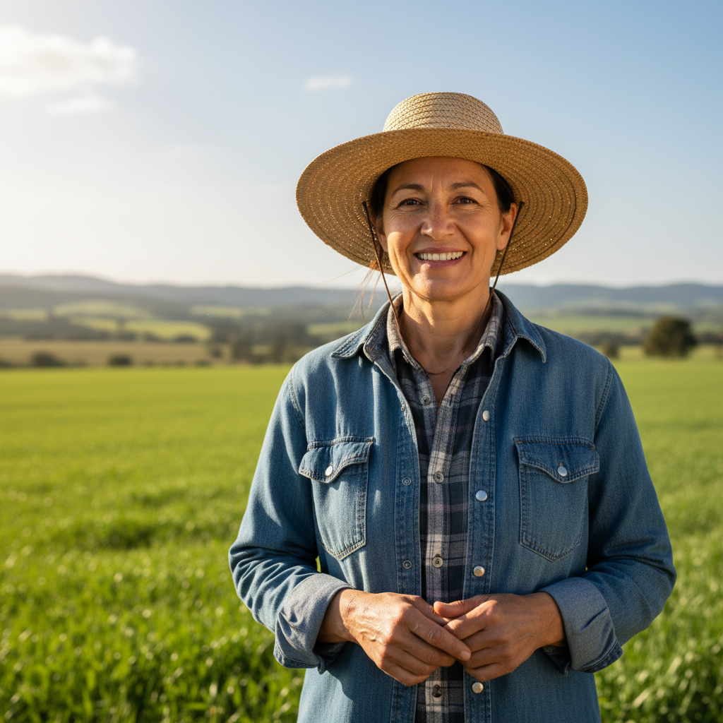 Female farmer smiling outdoors in a field, natural light