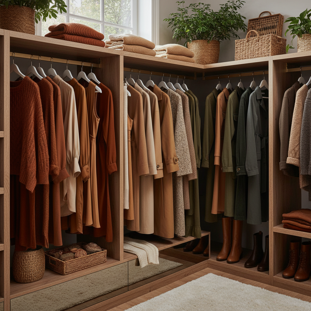 Organized wardrobe with warm-toned clothing in autumn colors — rust, camel, olive