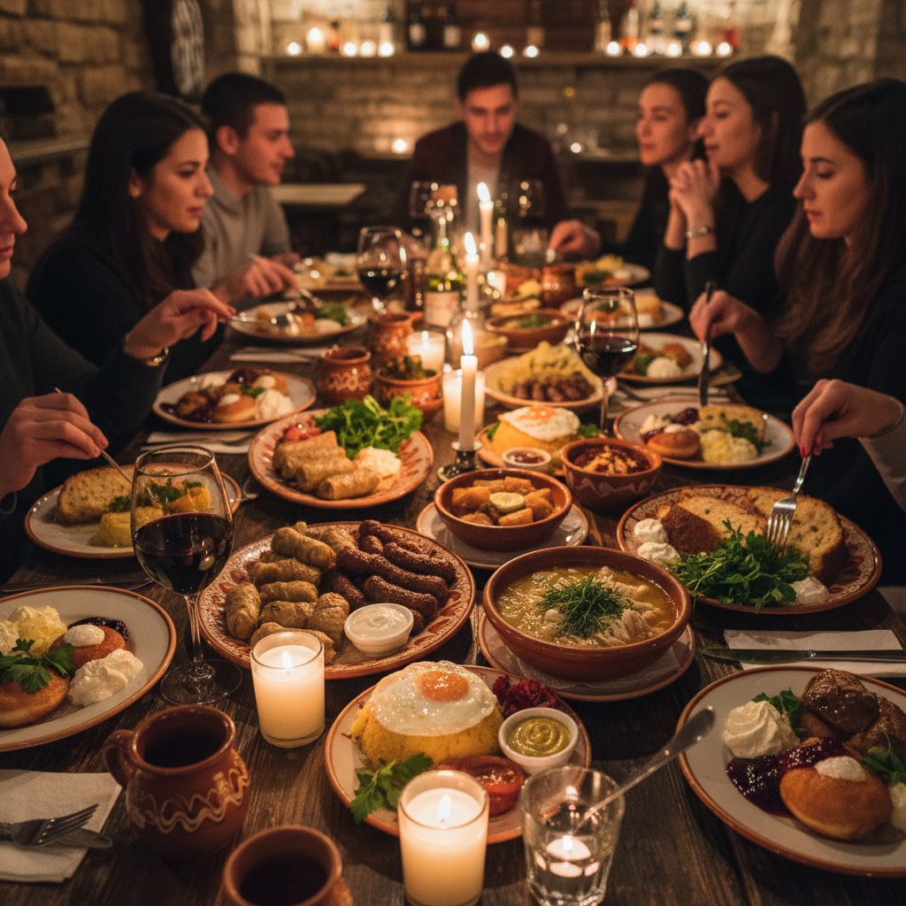 Crowded restaurant table with multiple Romanian dishes and candle light