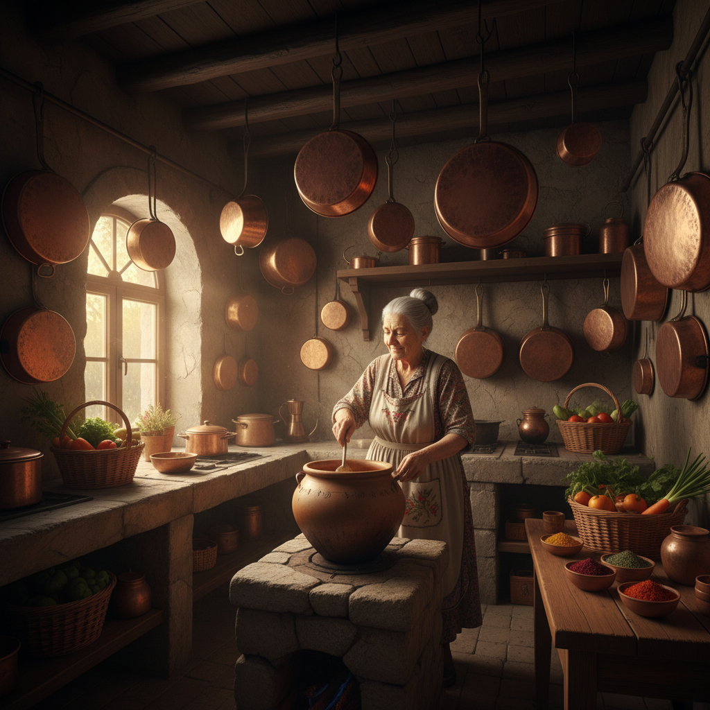 Elderly Turkish woman cooking in a sunlit Gaziantep kitchen, copper pots on the stove