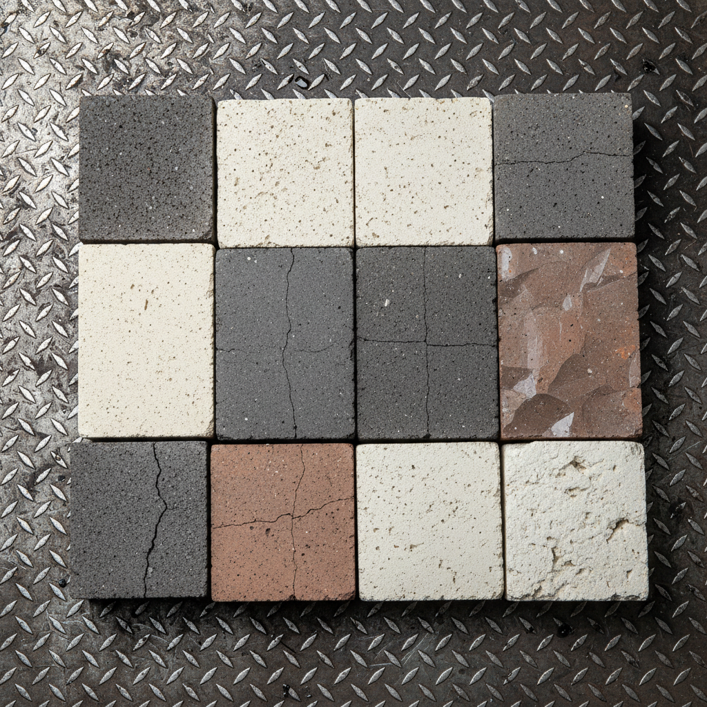 Herringbone clay paver samples arranged on workbench with specification cards showing compressive strength ratings