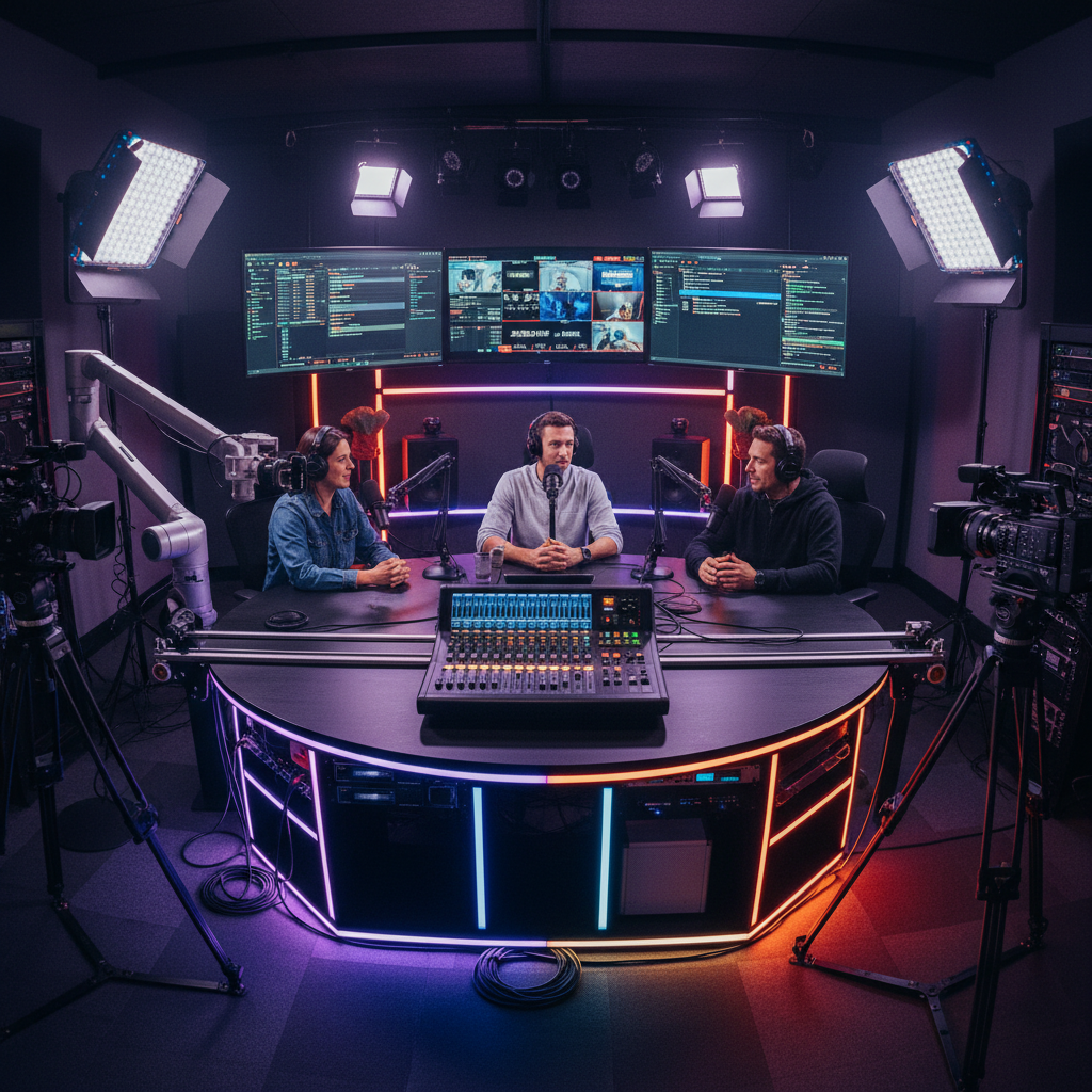 Multi-camera live streaming setup with switcher and lighting