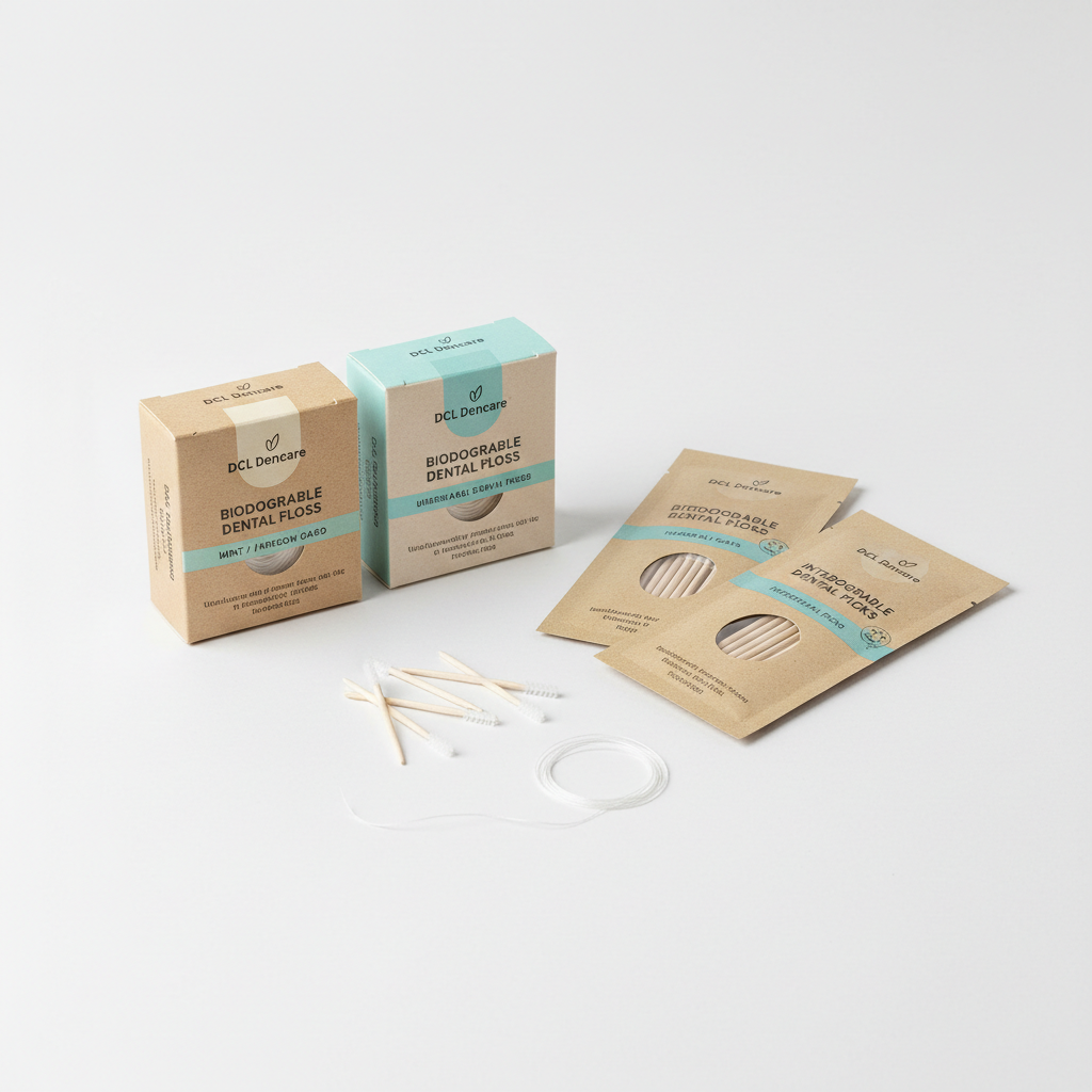 DCL Dencare dental floss products and interdental picks in minimal packaging on white surface