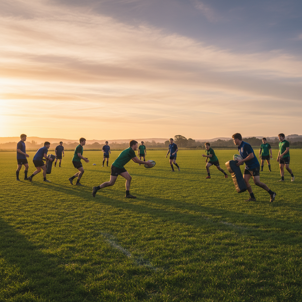 Young rugby players in training session on grass pitch at dusk