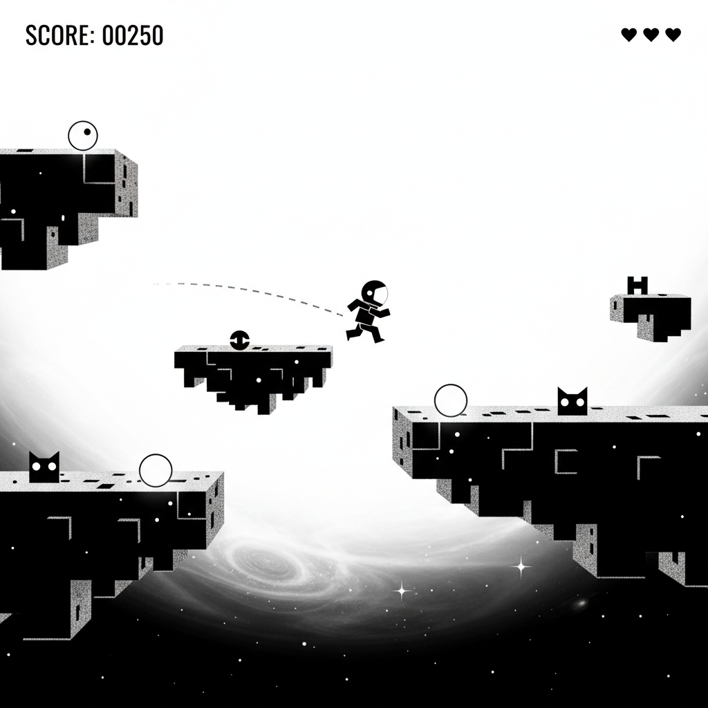 Space platformer with minimalist black and white aesthetic, floating platforms in void