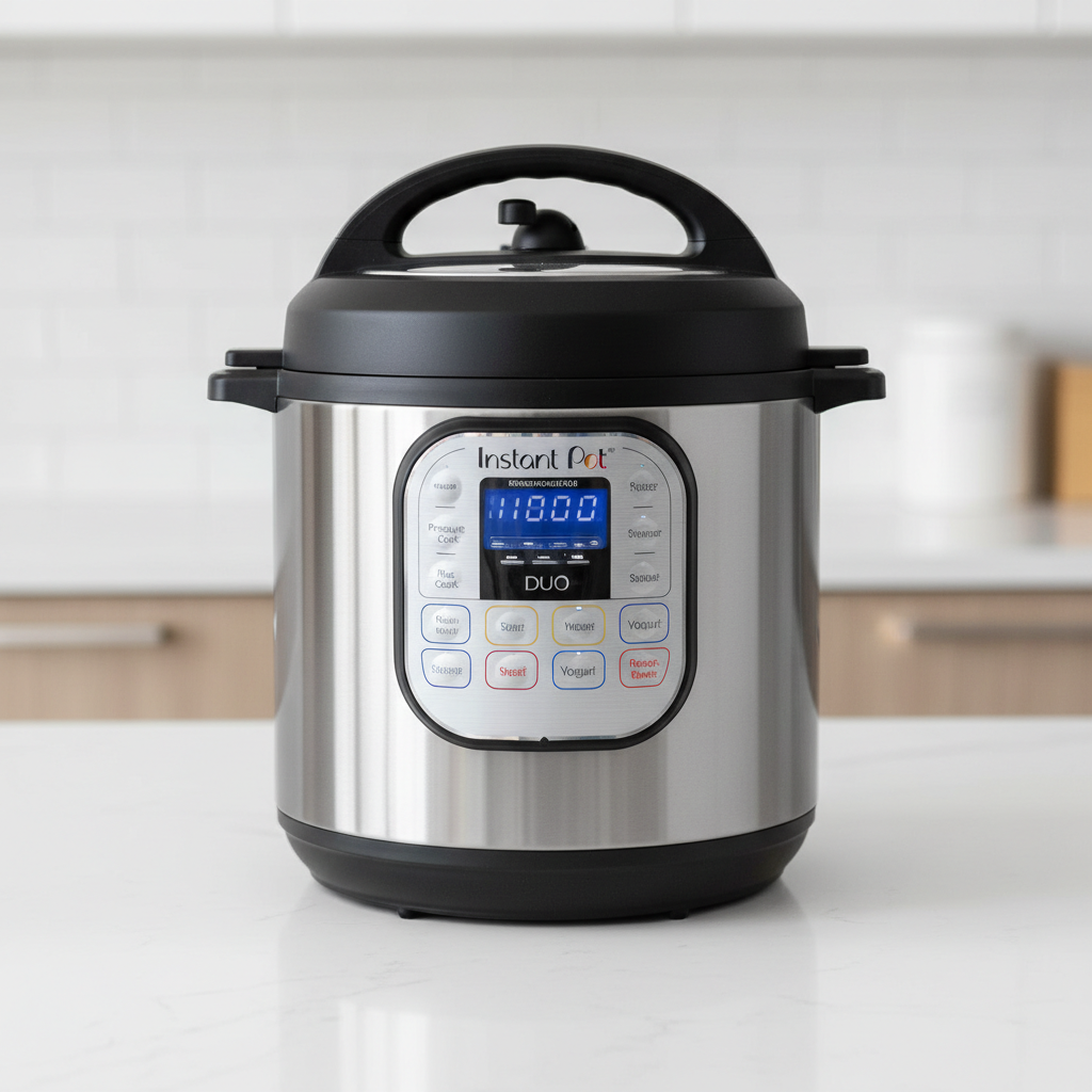 Instant Pot electric pressure cooker on kitchen counter with dark background