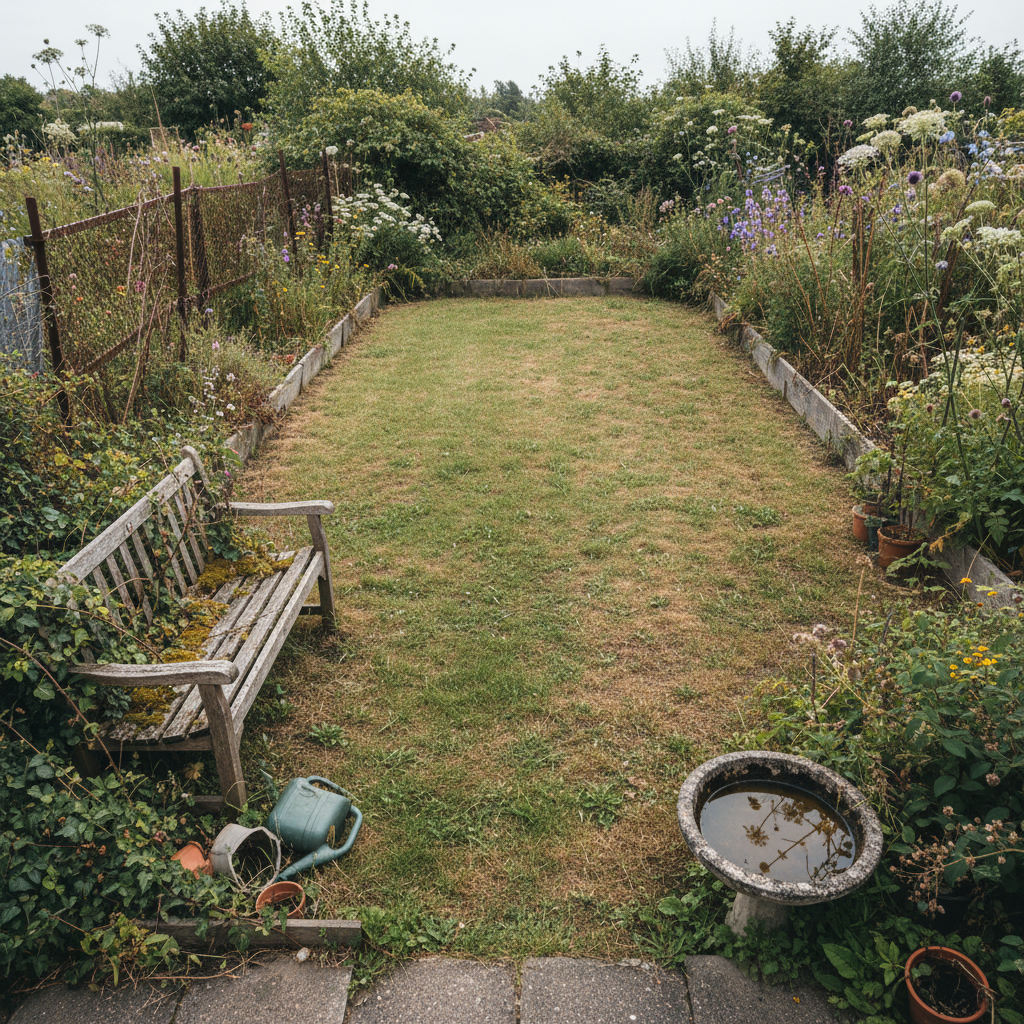 Neglected communal garden in Century City estate with patchy grass and overgrown beds