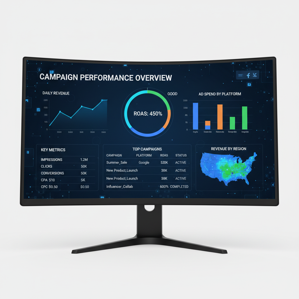 Digital advertising dashboard showing ROAS metrics and campaign performance