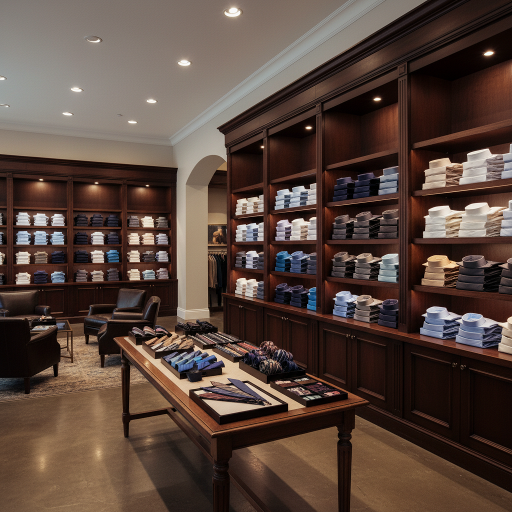 Luxury menswear store interior with dark wood paneling, neatly folded dress shirts, and soft overhead lighting