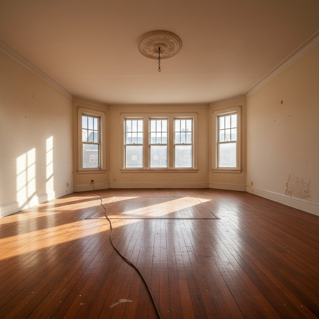 Sunlit vacant property interior with original hardwood floors and afternoon light streaming through windows