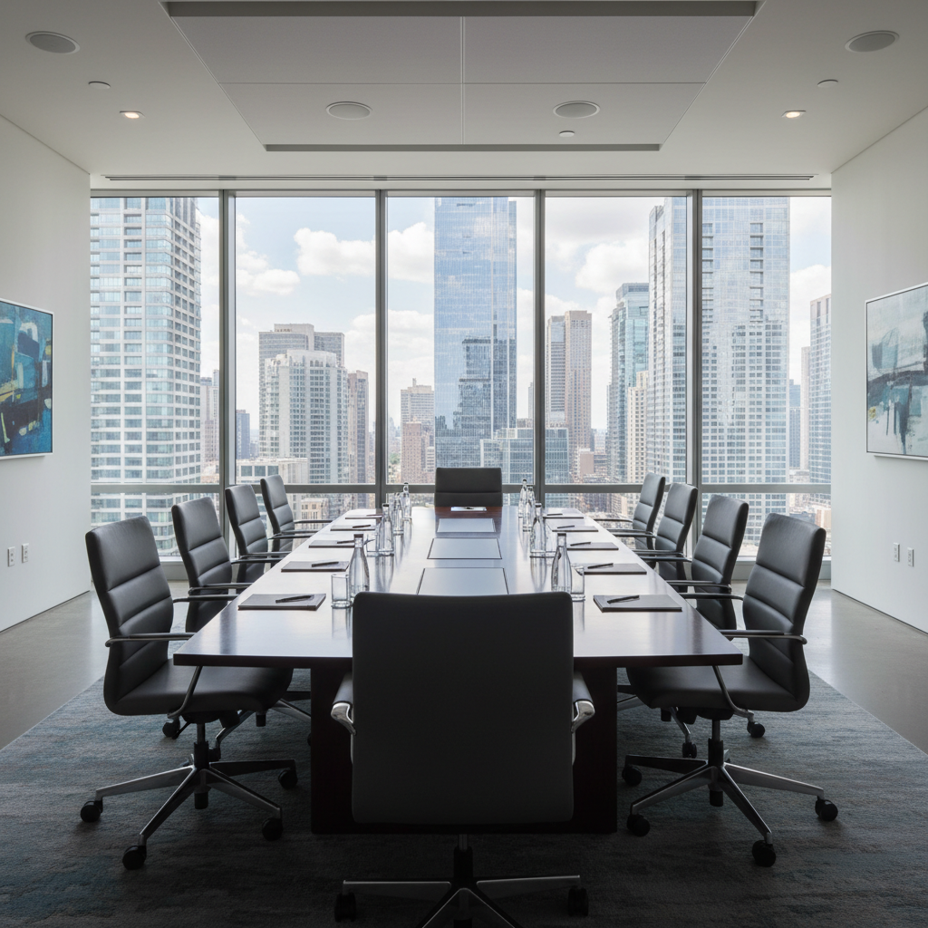 Banking executive team celebrating successful ERP implementation in modern glass-walled conference room with city skyline view