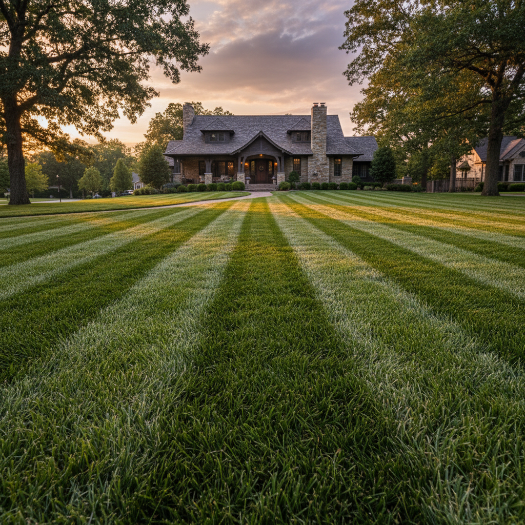Low-angle view across freshly mowed residential lawn with precision stripe pattern receding toward craftsman home in golden hour light