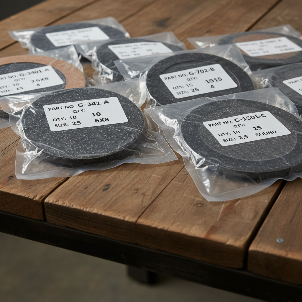 Vacuum-sealed industrial gasket packages labeled with part numbers on shipping table ready for dispatch