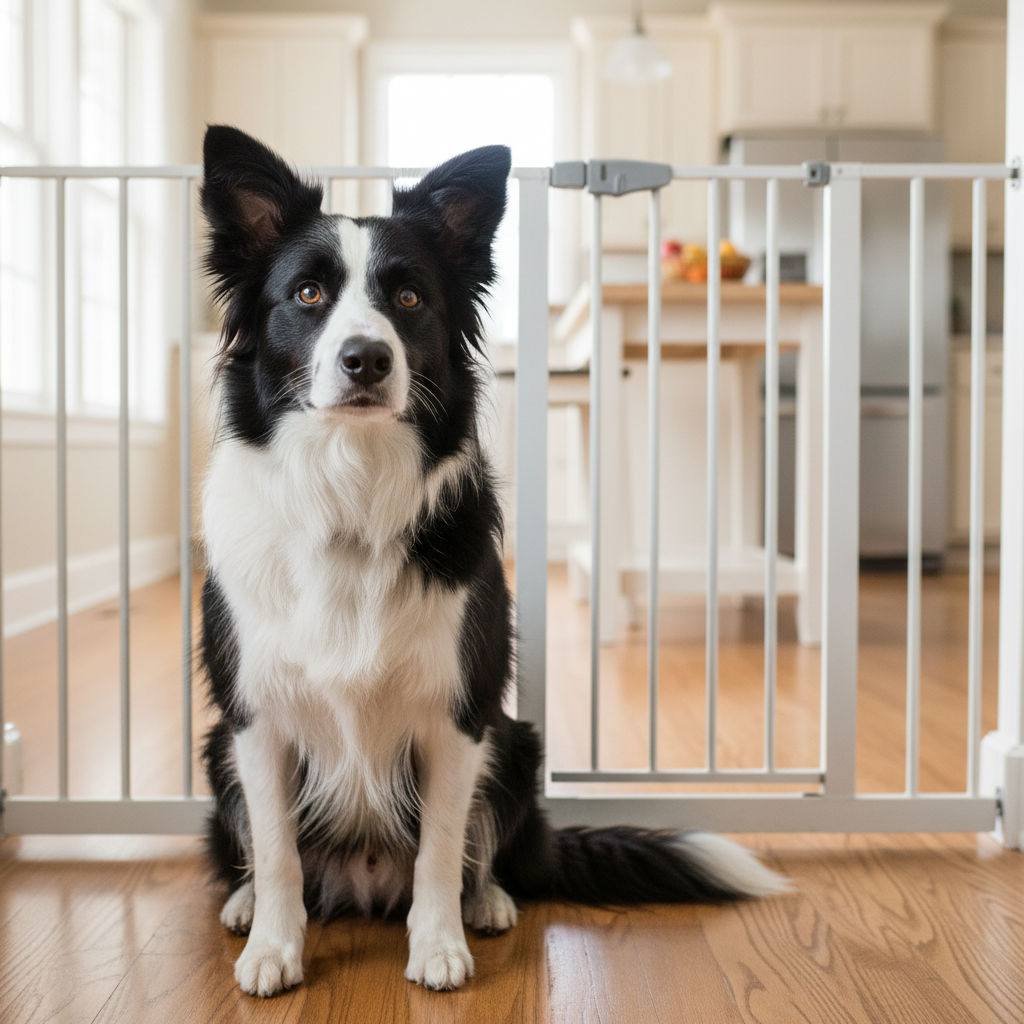 A border collie sitting patiently behind a baby gate watching the kitchen with ears perked