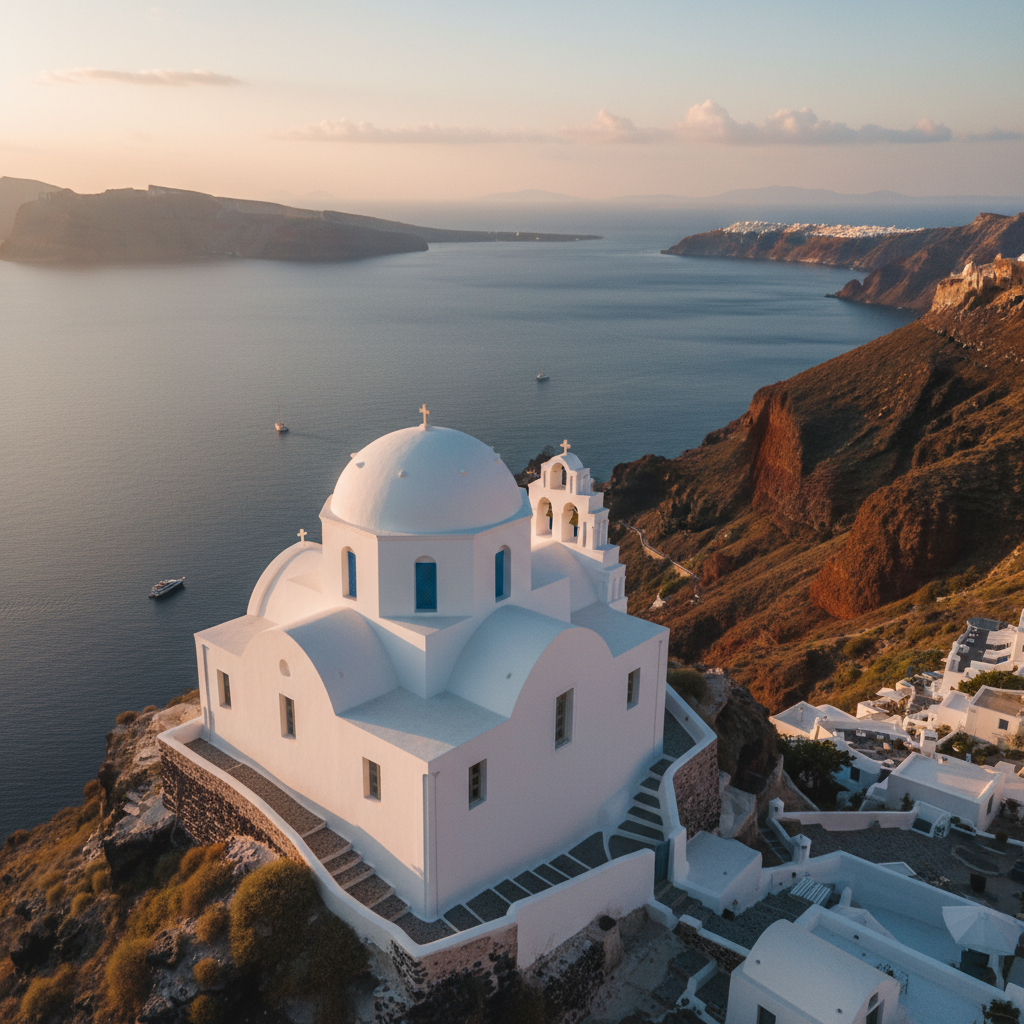 Santorini white-domed church at dusk with deep blue sky, long shadows, dramatic atmospheric lighting over the caldera