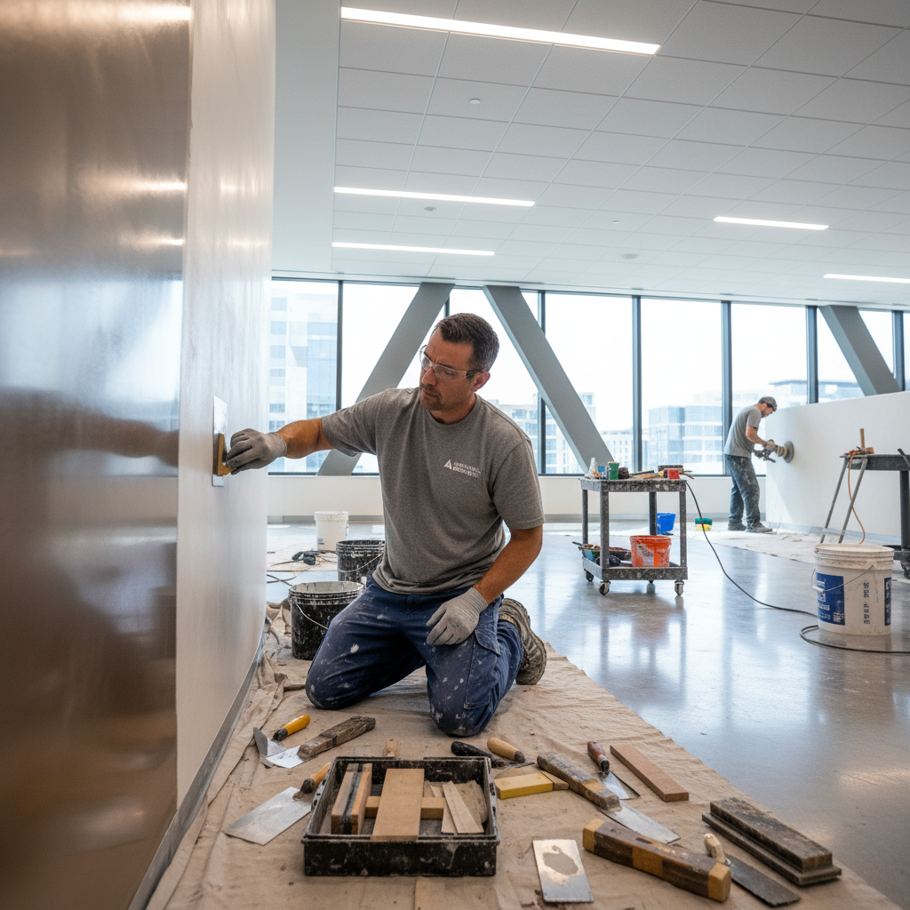 Specialty contractor performing detailed finish work on commercial interior, professional tools and equipment