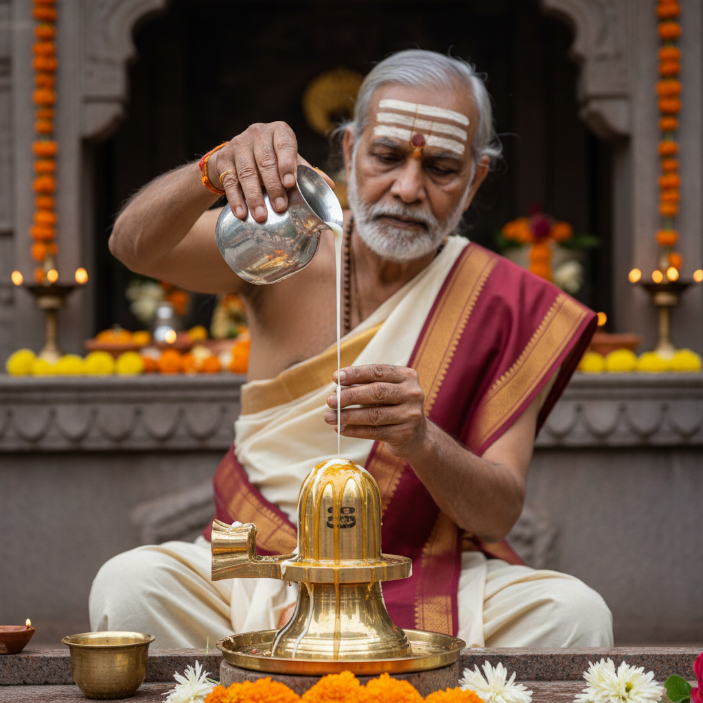 Priest performing abhishek ritual with milk and flowers at temple
