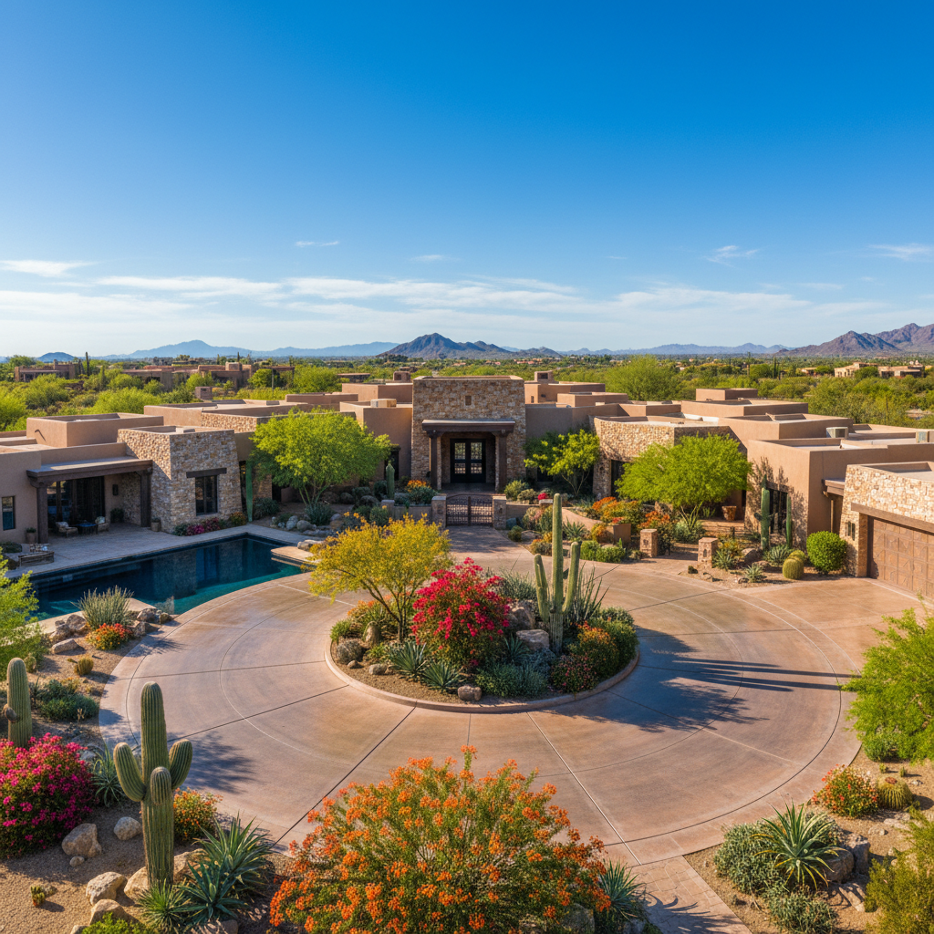 Paradise Valley luxury estate, Camelback Mountain views, infinity pool, bright airy afternoon light, lush desert landscaping