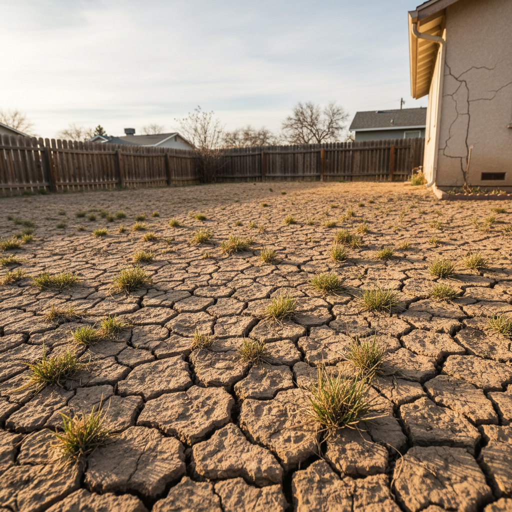 Dry cracked soil with sparse grass coverage in residential yard