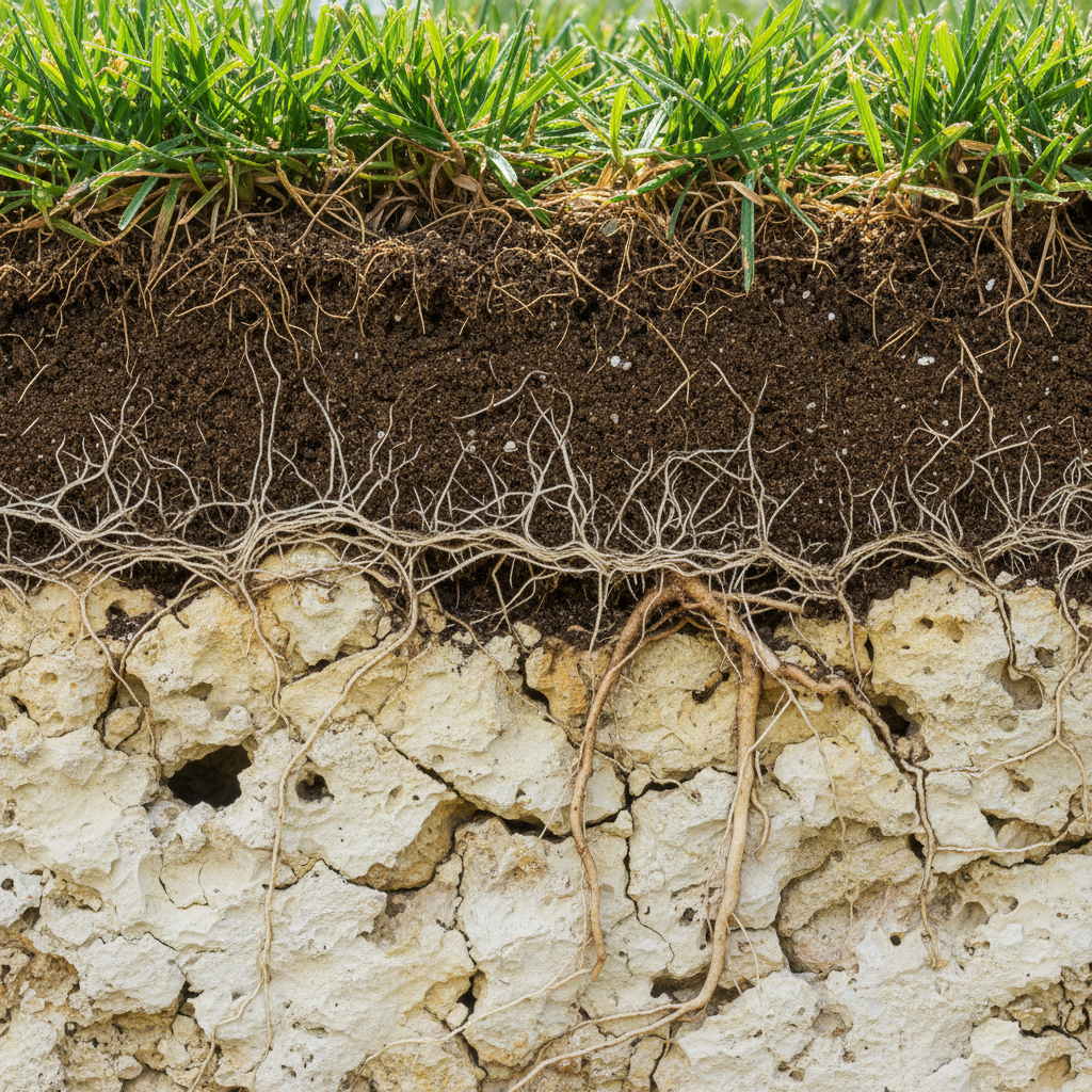 Close-up of South Florida St. Augustine lawn soil profile showing limestone substrate and root structure
