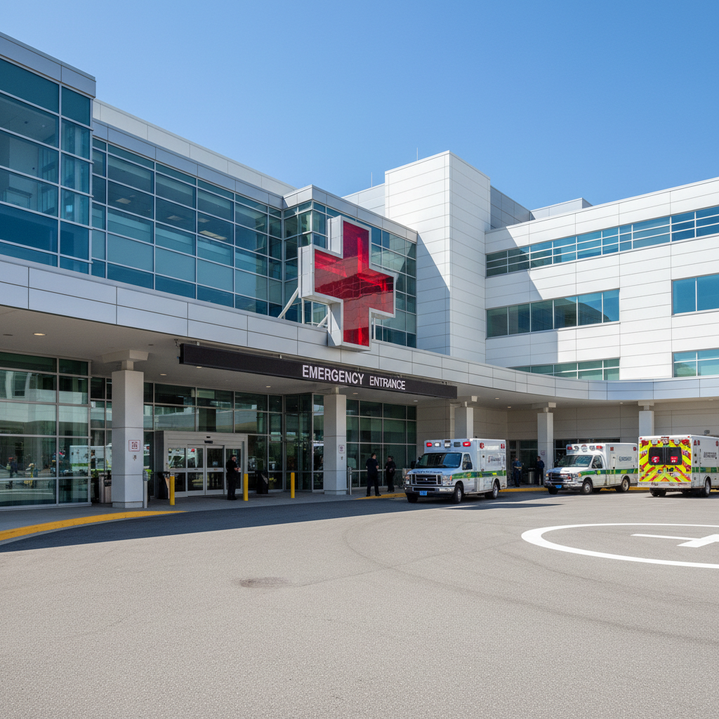 Hospital emergency entrance with ambulance bay, red cross signage, and well-lit exterior
