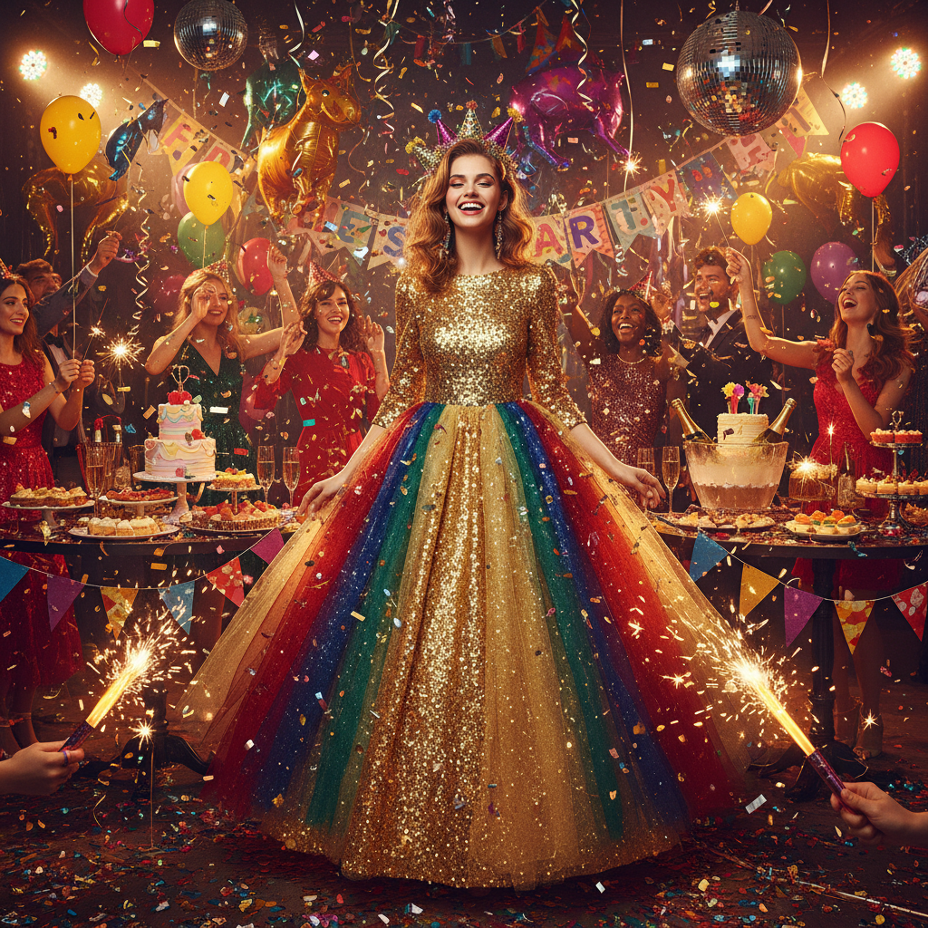 Woman in gold sequin mini dress, party glamour, sparkling and festive, dark background with warm lighting
