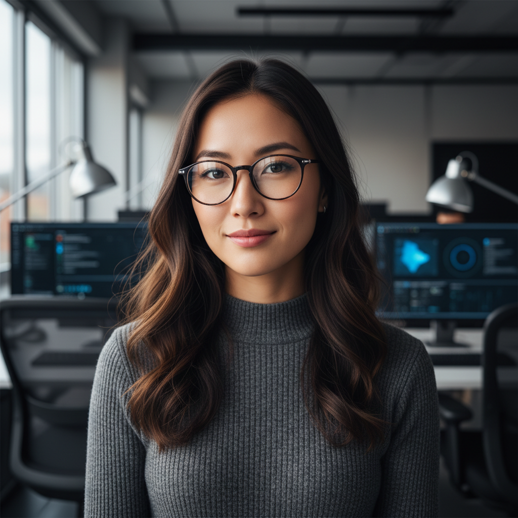 Asian woman with long dark hair in gray business suit smiling in tech office environment