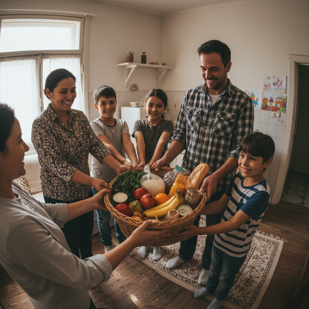 Family receiving food basket