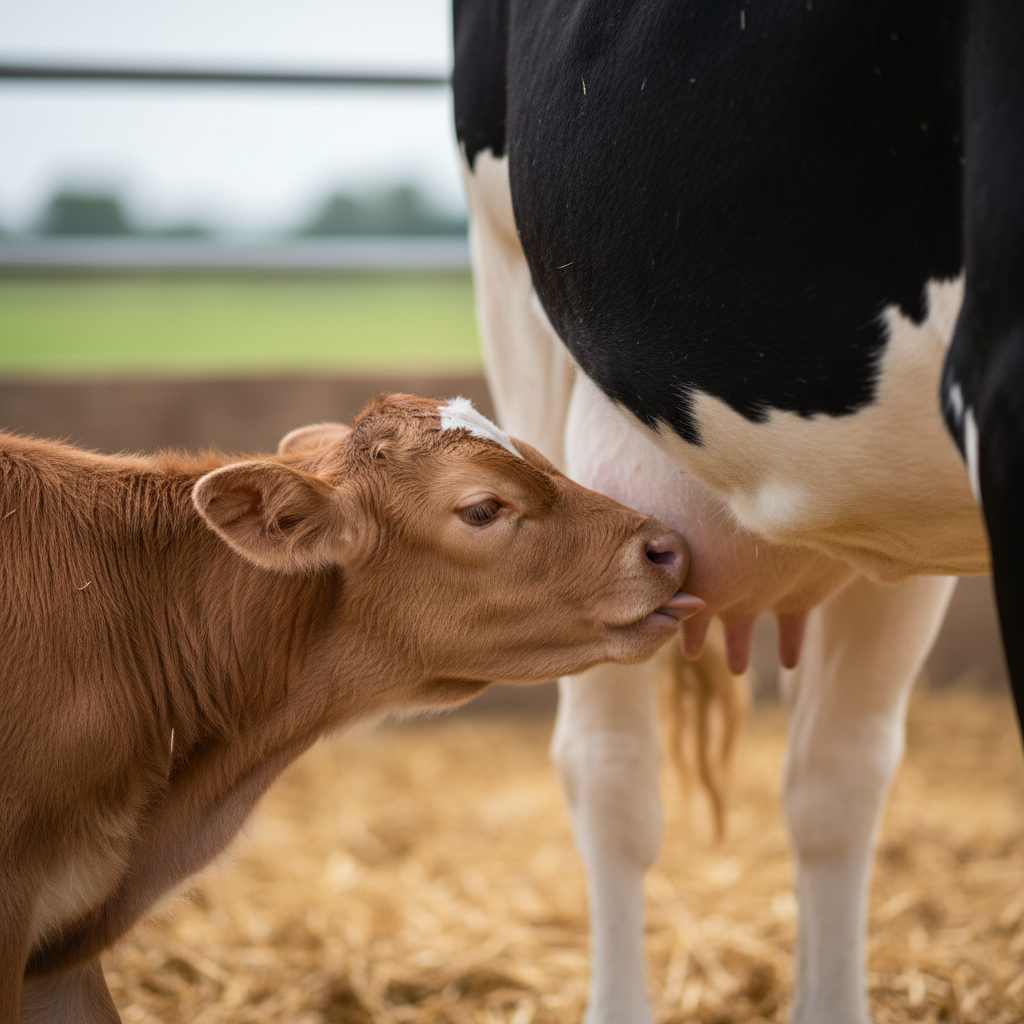 Close-up of a newborn calf nursing from its mother — the source of 6-hour colostrum