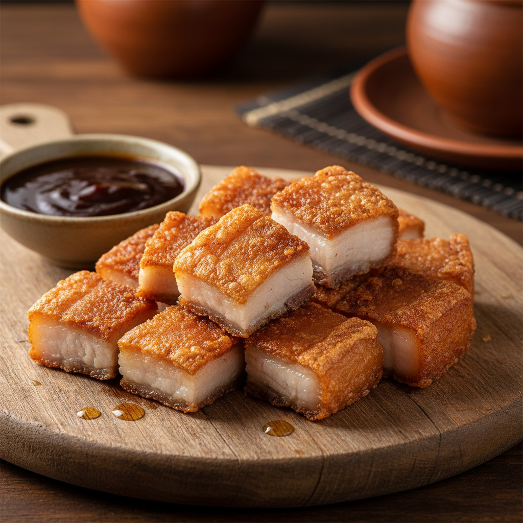 Crispy lechon kawali pork belly pieces with liver sauce and rice on a Filipino restaurant plate