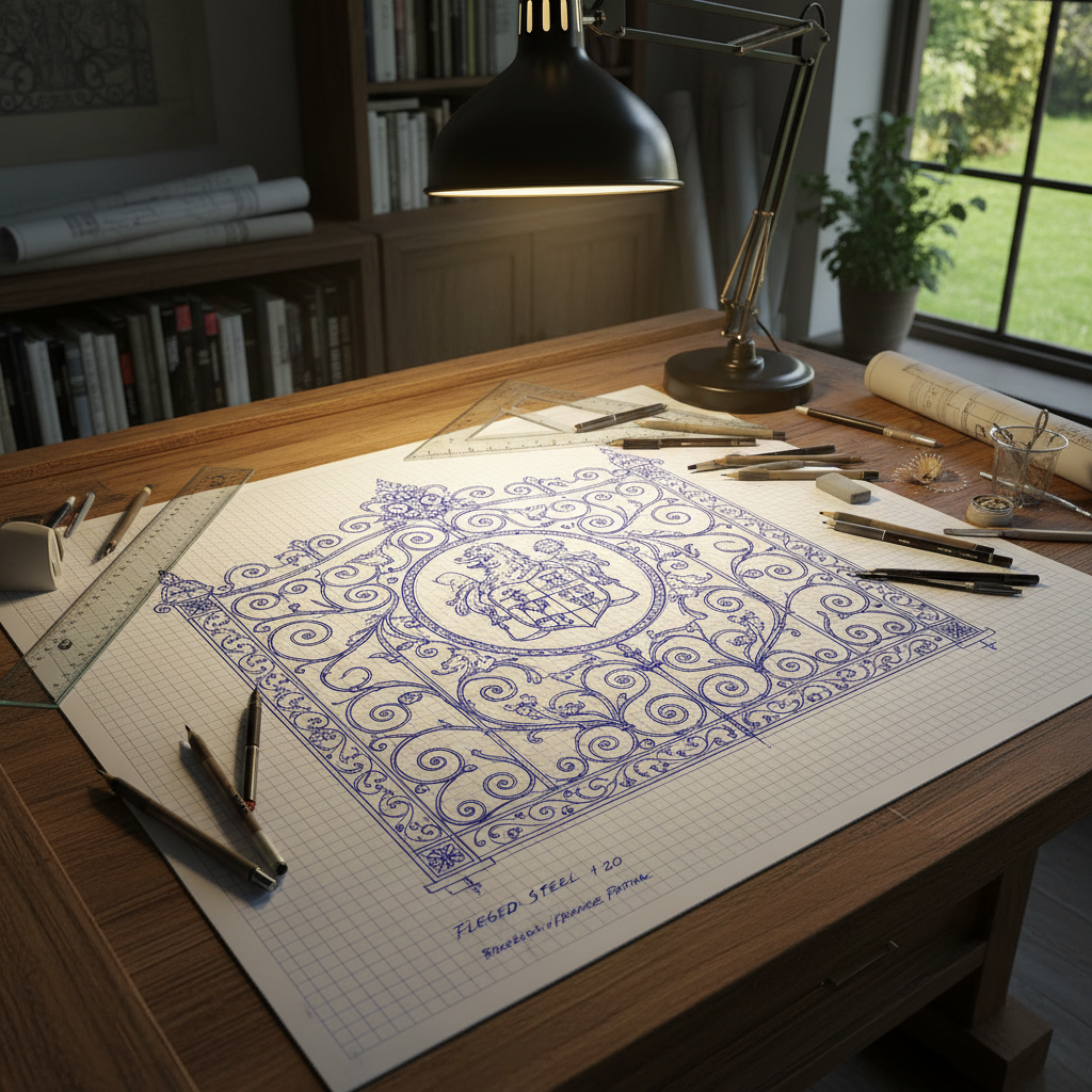 Technical drawing of ornamental gate on drafting table with pencils and ruler