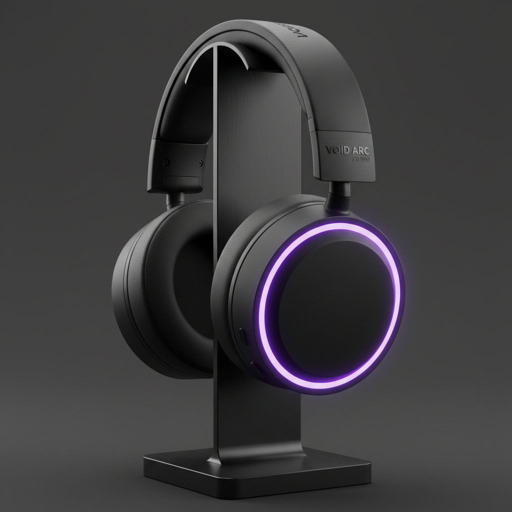 Void Arc Studio over-ear headset in matte black with purple LED ring on headset stand
