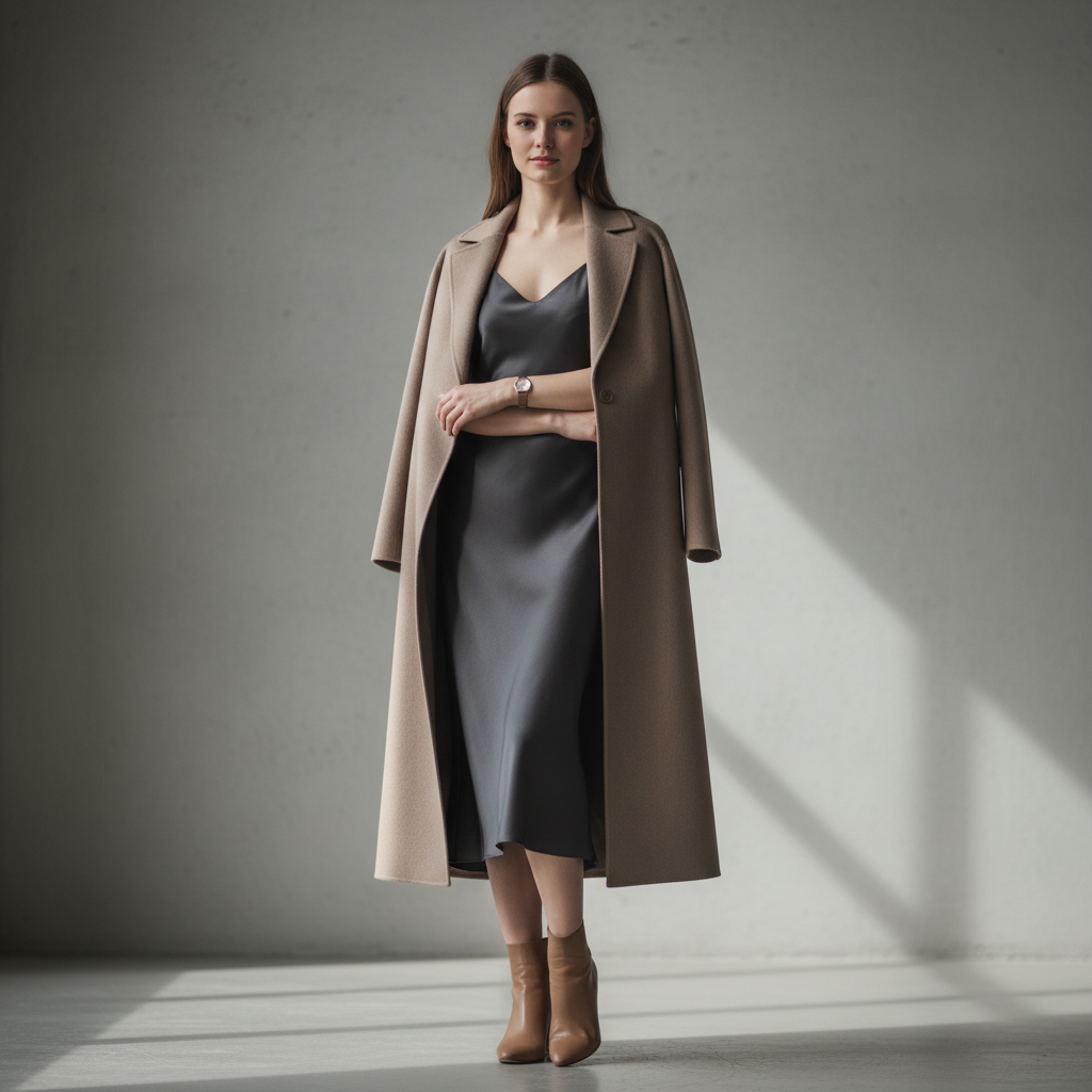 High-end fashion editorial with model in monochrome ensemble, clean studio aesthetic