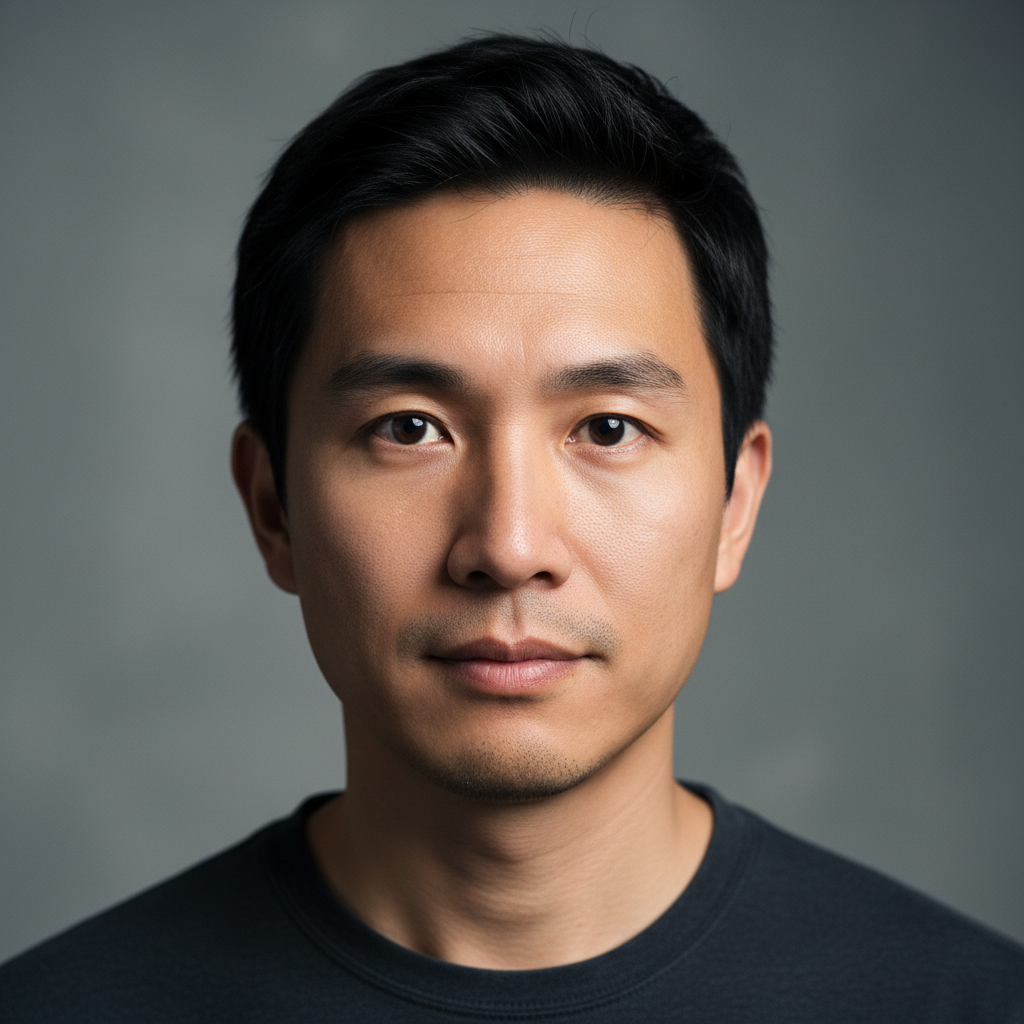 Young Asian man with short dark hair, creative professional expression, studio lighting