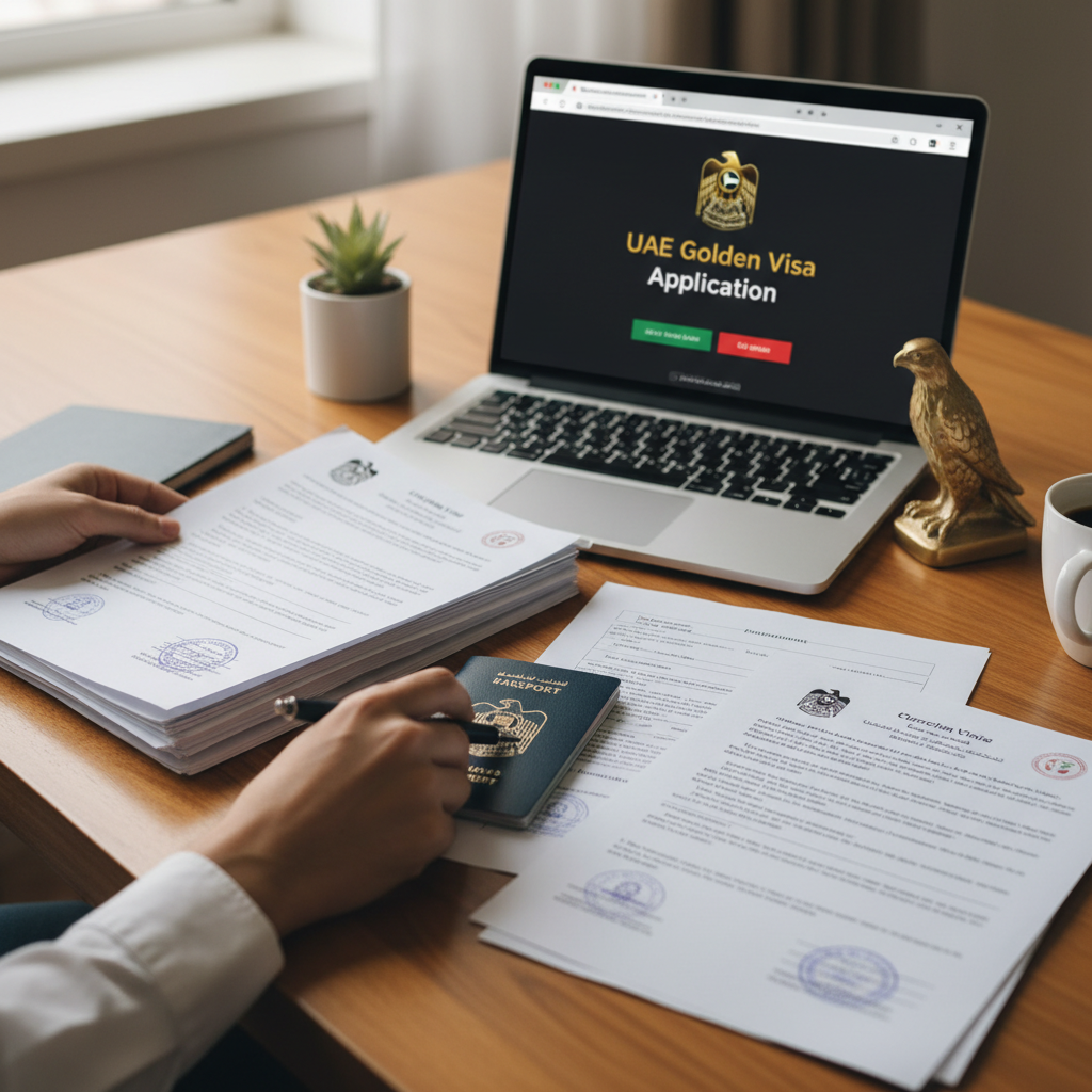 Professional consultant reviewing UAE Golden Visa documents with investor client in modern Dubai office