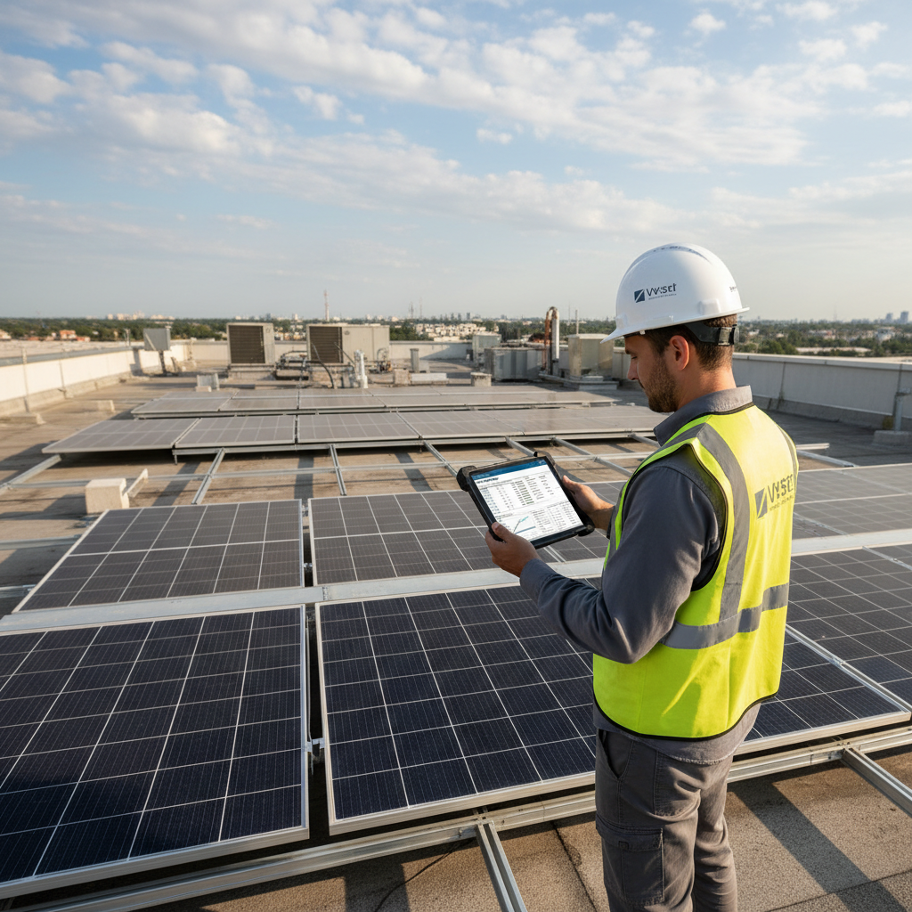 Marcus Reeves, Principal Engineer, reviewing PVsyst simulation on tablet at commercial rooftop site walk, hard hat on