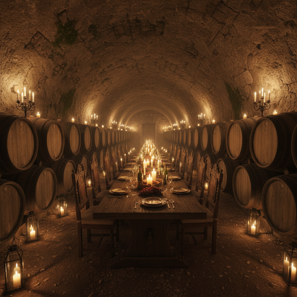 Wine cellar dinner with candlelight reflecting off stone walls and wine bottles, guests at long table in deep warm shadows