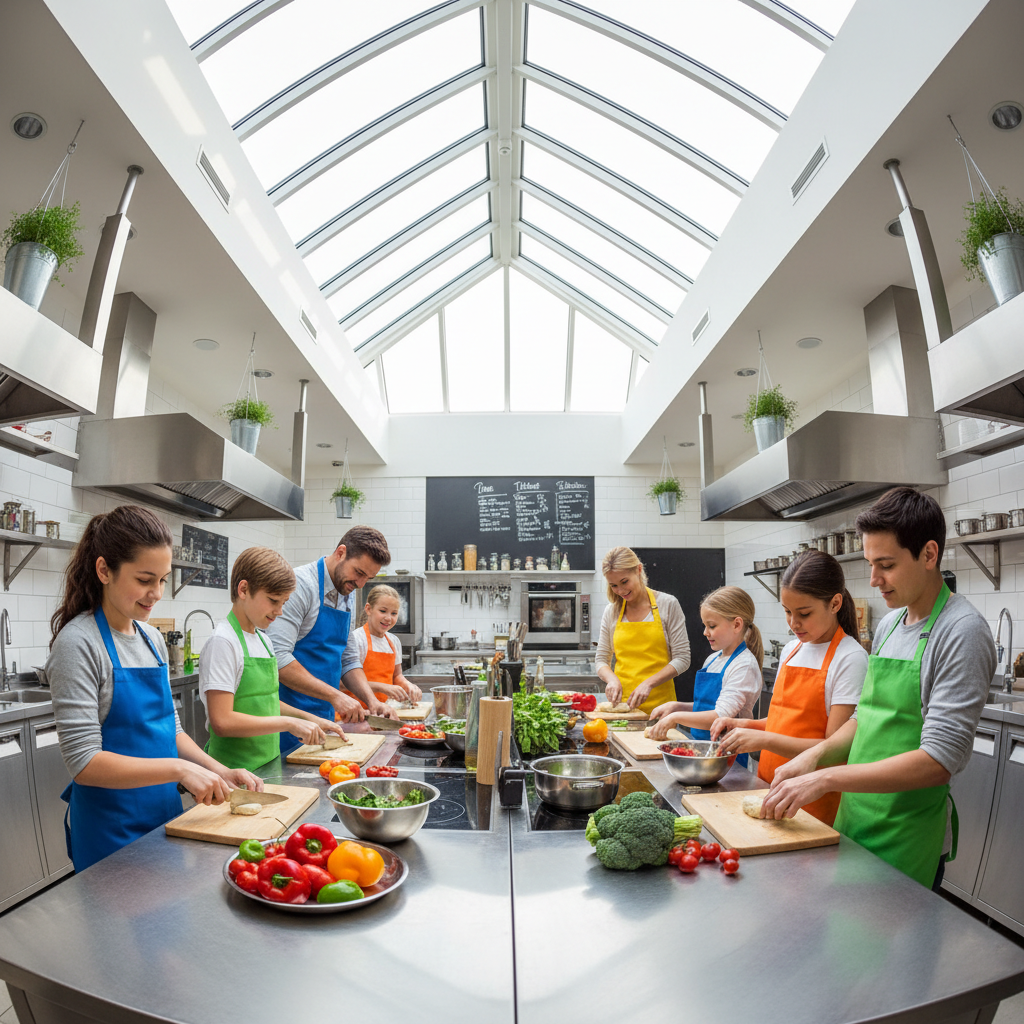 Children in colorful aprons at their cooking stations