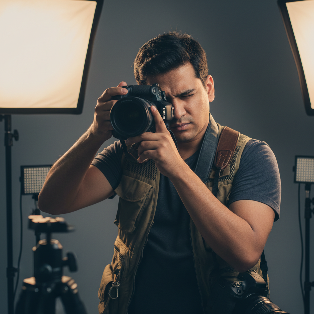 Professional photographer adjusting camera in a dark moody studio with directional accent lighting and shadowed walls